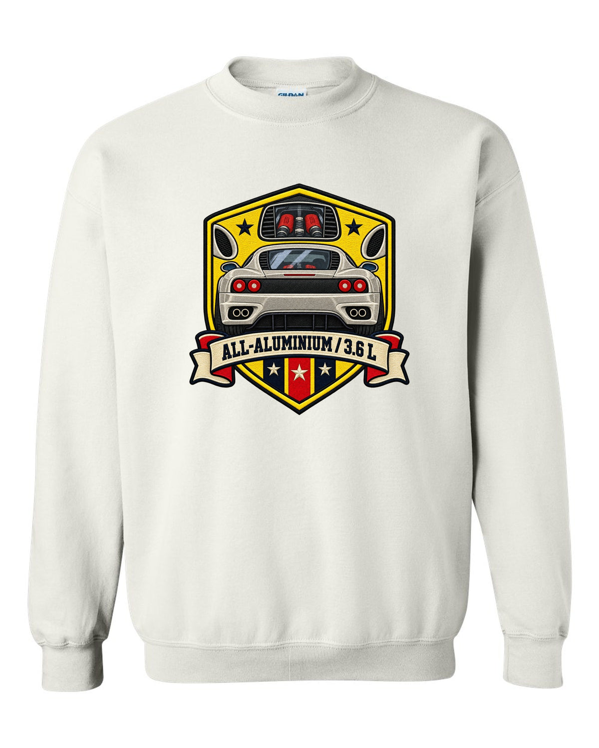 Shield crest print for the Ferrari 360 Modena with All-Aluminium and 3.6 L lettering white crewneck front view with the design