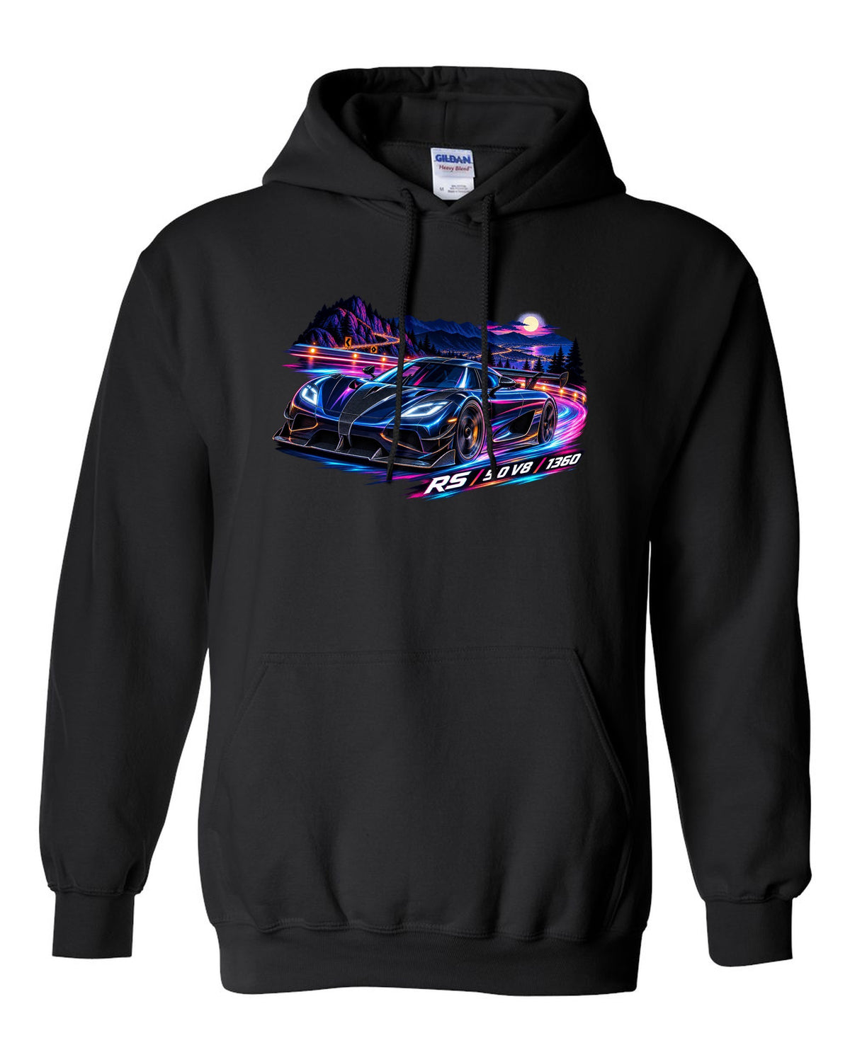 Cel-shaded anime night mountain pass illustration of a Koenigsegg Agera RS with RS 5.0 V8 1360 lettering black pull over hoodie front view with the design