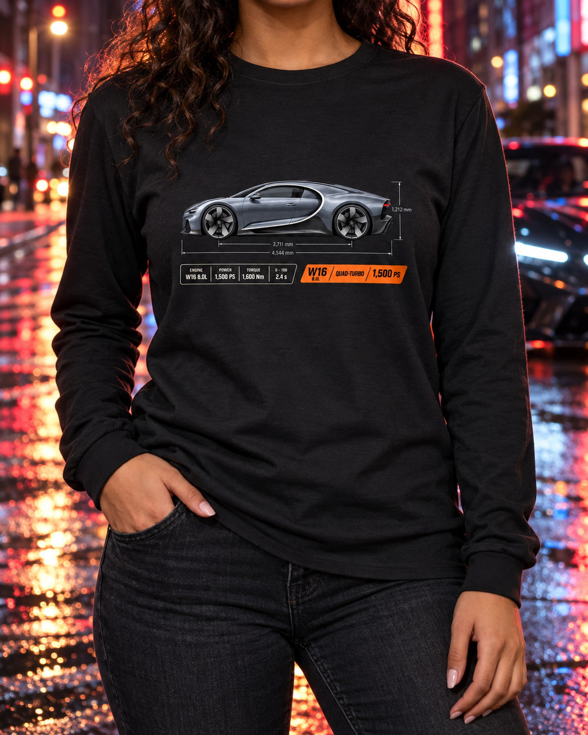 Bugatti Chiron W16 Dimension Blueprint Shirt, 1,500 PS Tee Long Sleeve Black worn hero
