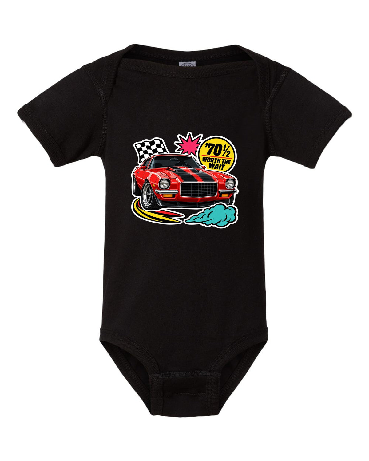 Sticker-bomb collage with die-cut edges of a 1970 Chevrolet Camaro Z28 black baby onesie front view with the design