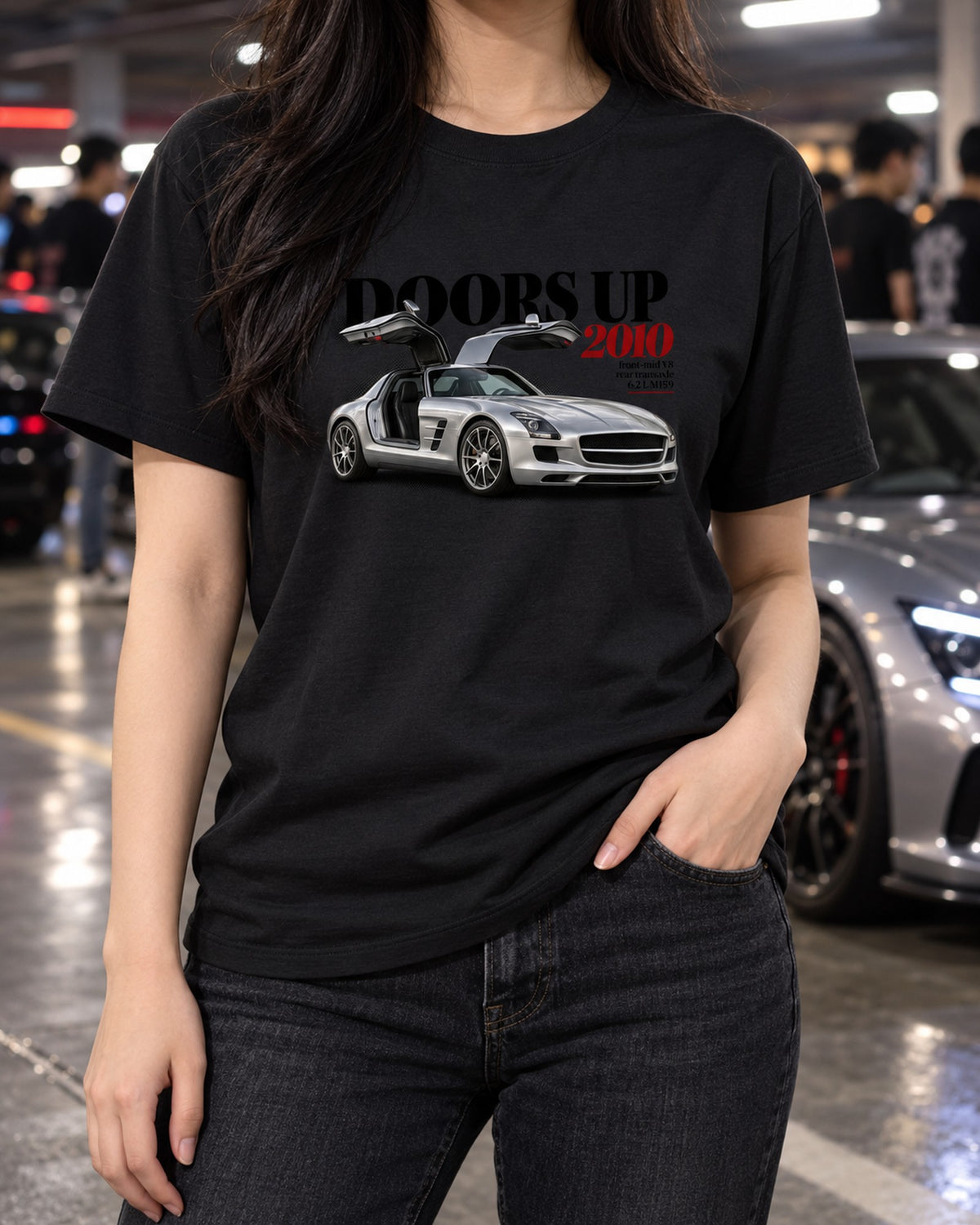 Mercedes-Benz SLS AMG C197 Doors Up Gullwing Tee T-Shirt Black worn hero