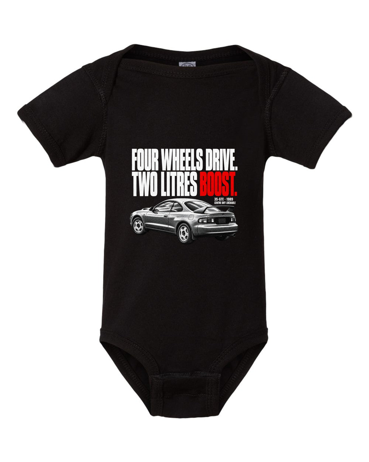 Halftone print of a Toyota Celica GT-Four ST185 with 3S-GTE and centre diff text black baby onesie front view with the design