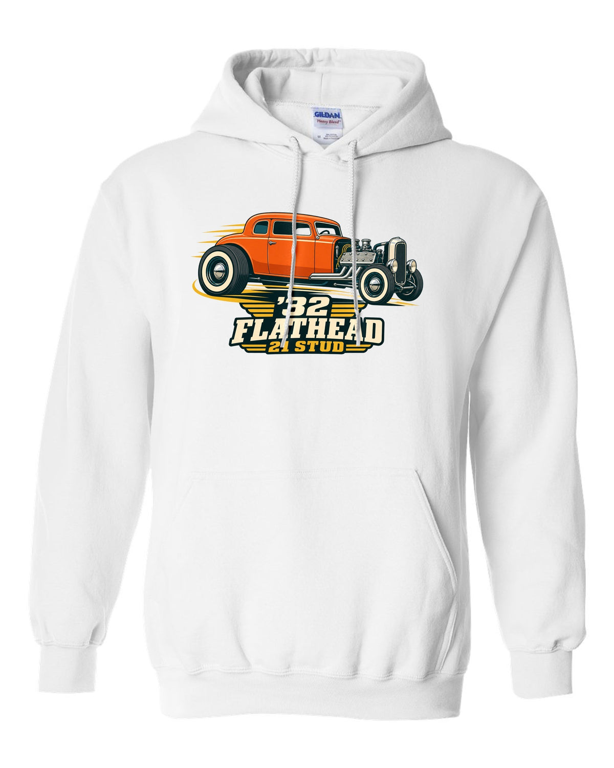 print of a two-tone flat vector 1932 Ford Deuce three-window coupe with flathead lettering white pull over hoodie front view with the design
