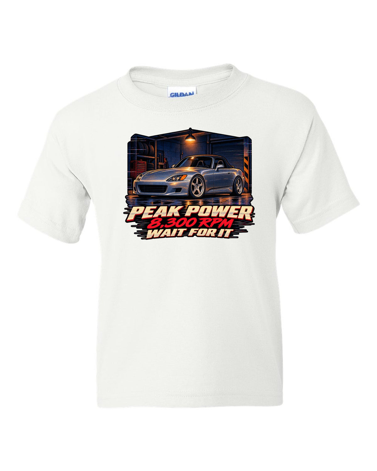 Lo-fi VHS cover style print of a Honda S2000 AP1 with 8,300 RPM wait for it text white kids tee front view with the design