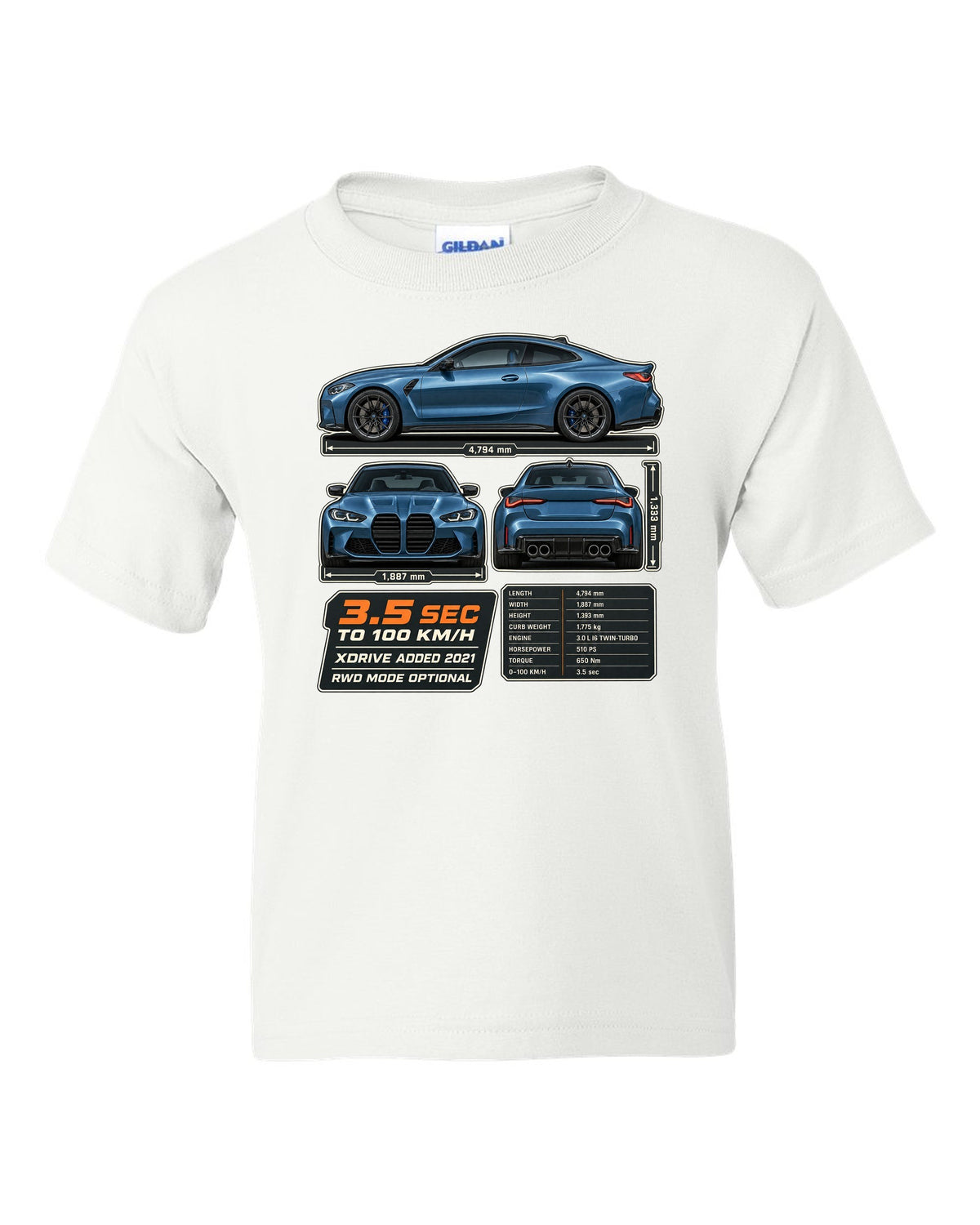 BMW M4 Competition xDrive G82 three-view drawing with spec table print white kids tee front view with the design