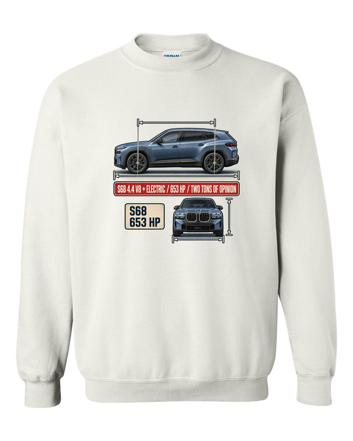 BMW XM G09 dimension blueprint print on a tee white crewneck front view with the design