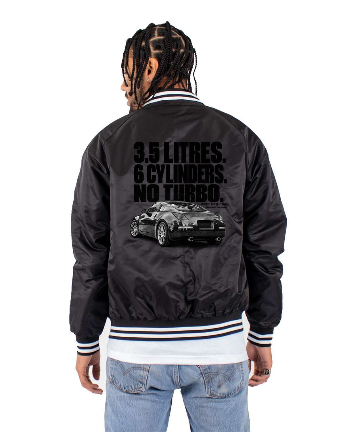 350Z Z33 VQ35DE Halftone Shirt, 3.5 Litres No Turbo Tee Bomber Jacket Black back