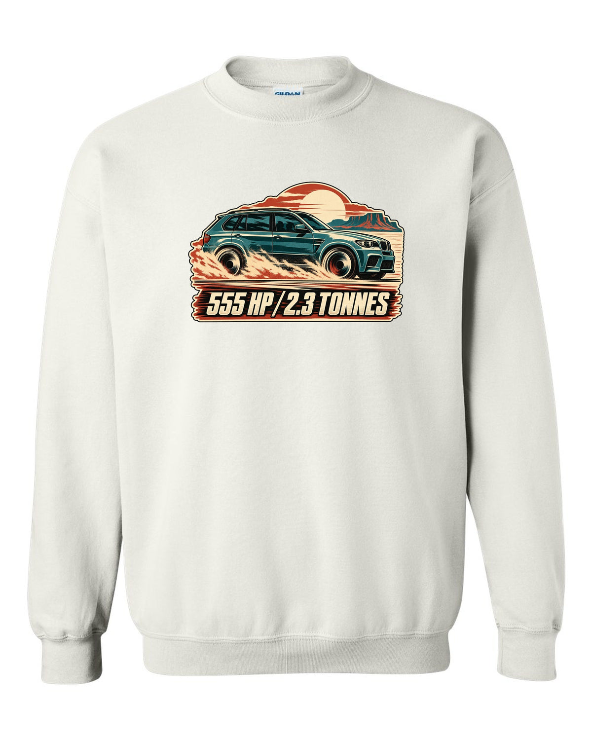 Vintage race poster print of a BMW X5 M E70 with 555 HP lettering white crewneck front view with the design
