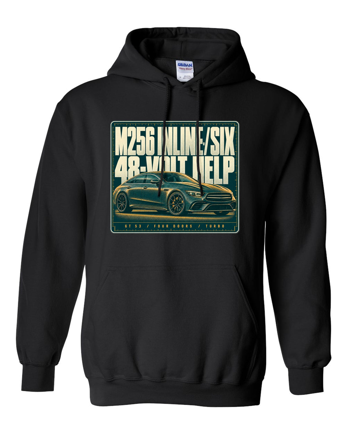 Mercedes-AMG GT 53 4-Door X290 teal and amber halftone print black pull over hoodie front view with the design