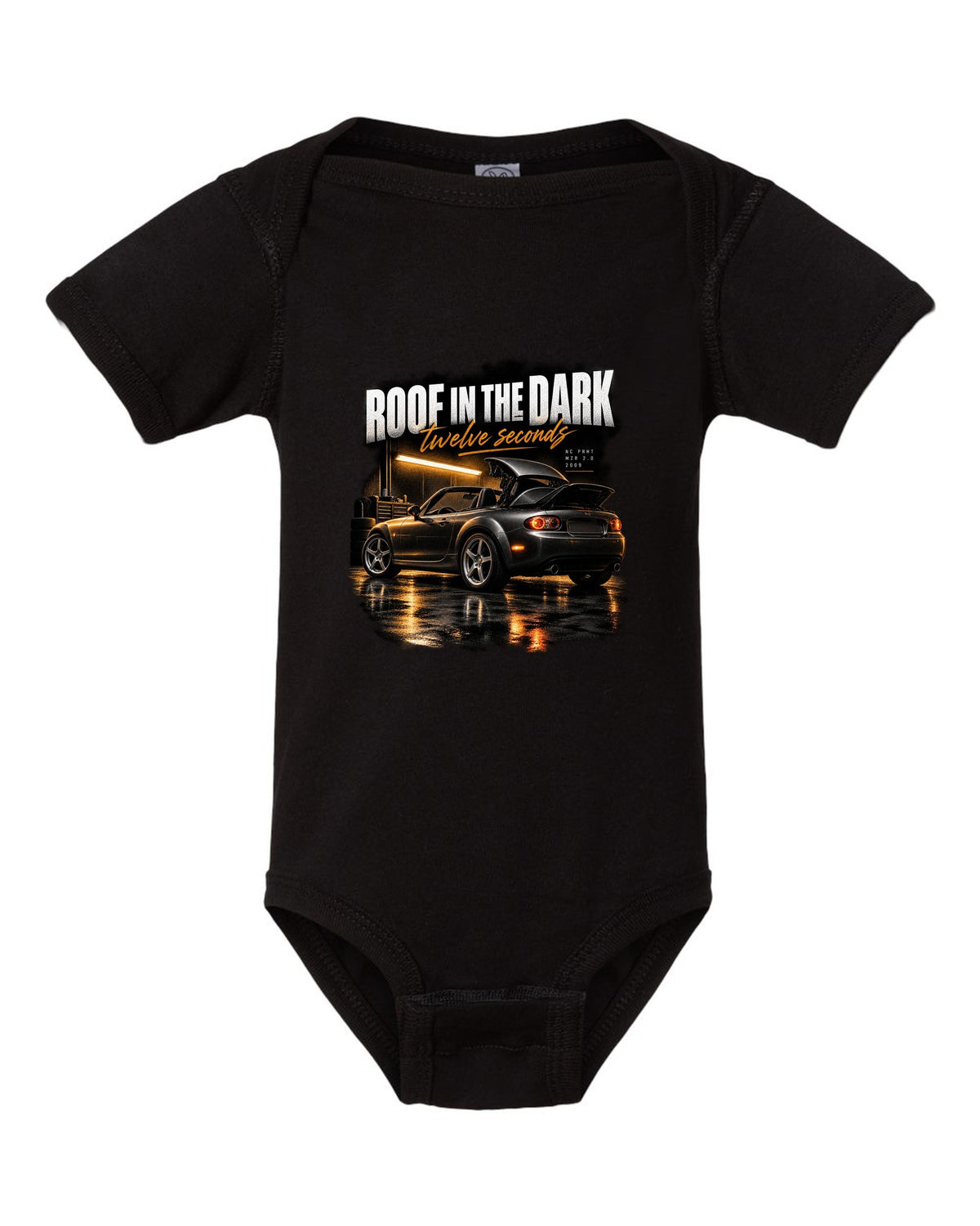 Garage night print of a Mazda MX-5 NC PRHT with the roof folding black baby onesie front view with the design