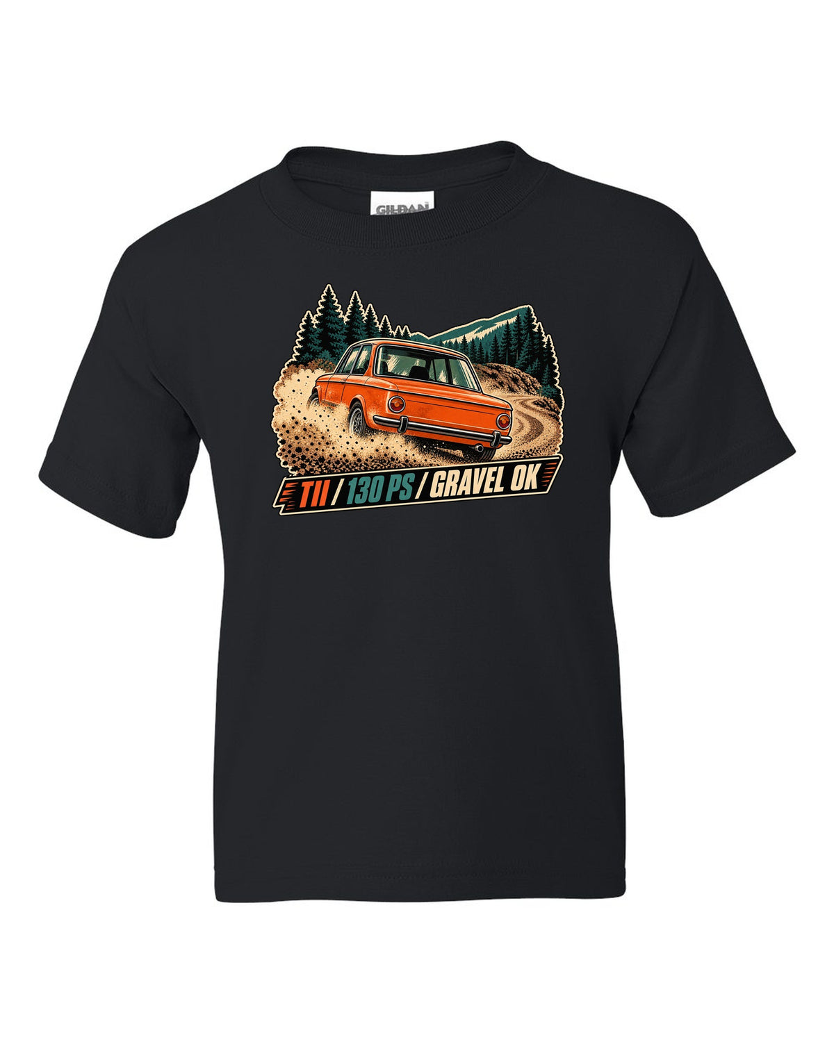 BMW 2002 tii vintage hillclimb race poster print with 130 PS text black kids tee front view with the design