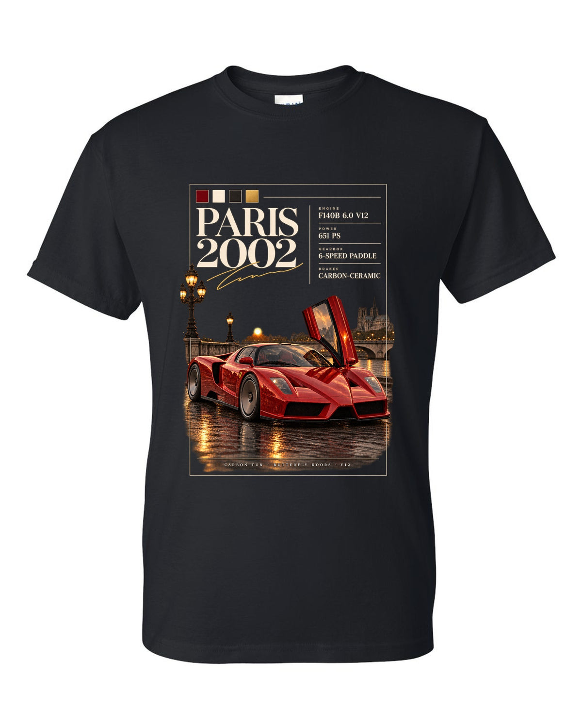 Ferrari Enzo 2002 front three-quarter archive panel print, Paris 2002, F140B V12, 651 PS black t-shirt front view with the design