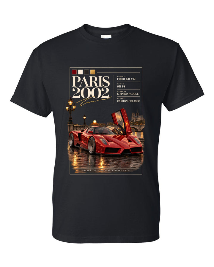 Ferrari Enzo 2002 front three-quarter archive panel print, Paris 2002, F140B V12, 651 PS black t-shirt front view with the design