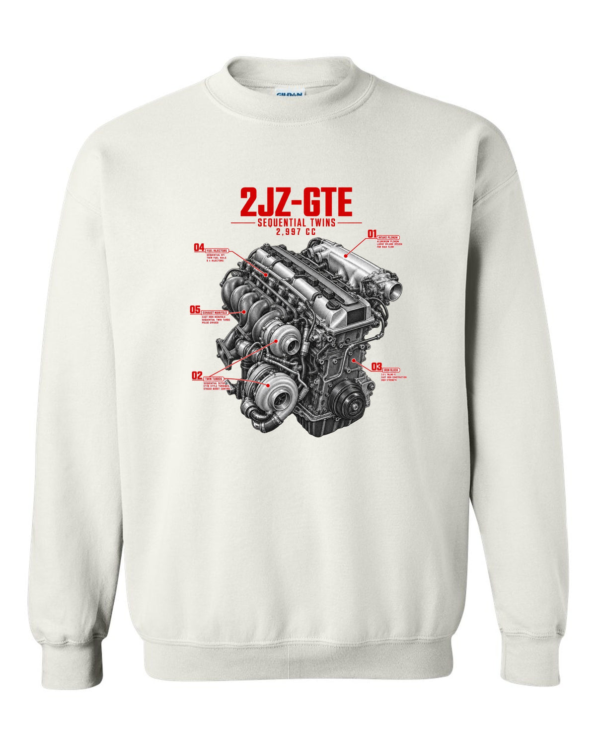 print of a Toyota Supra A80 2JZ-GTE engine with callouts for sequential twins and 2,997 cc white crewneck front view with the design