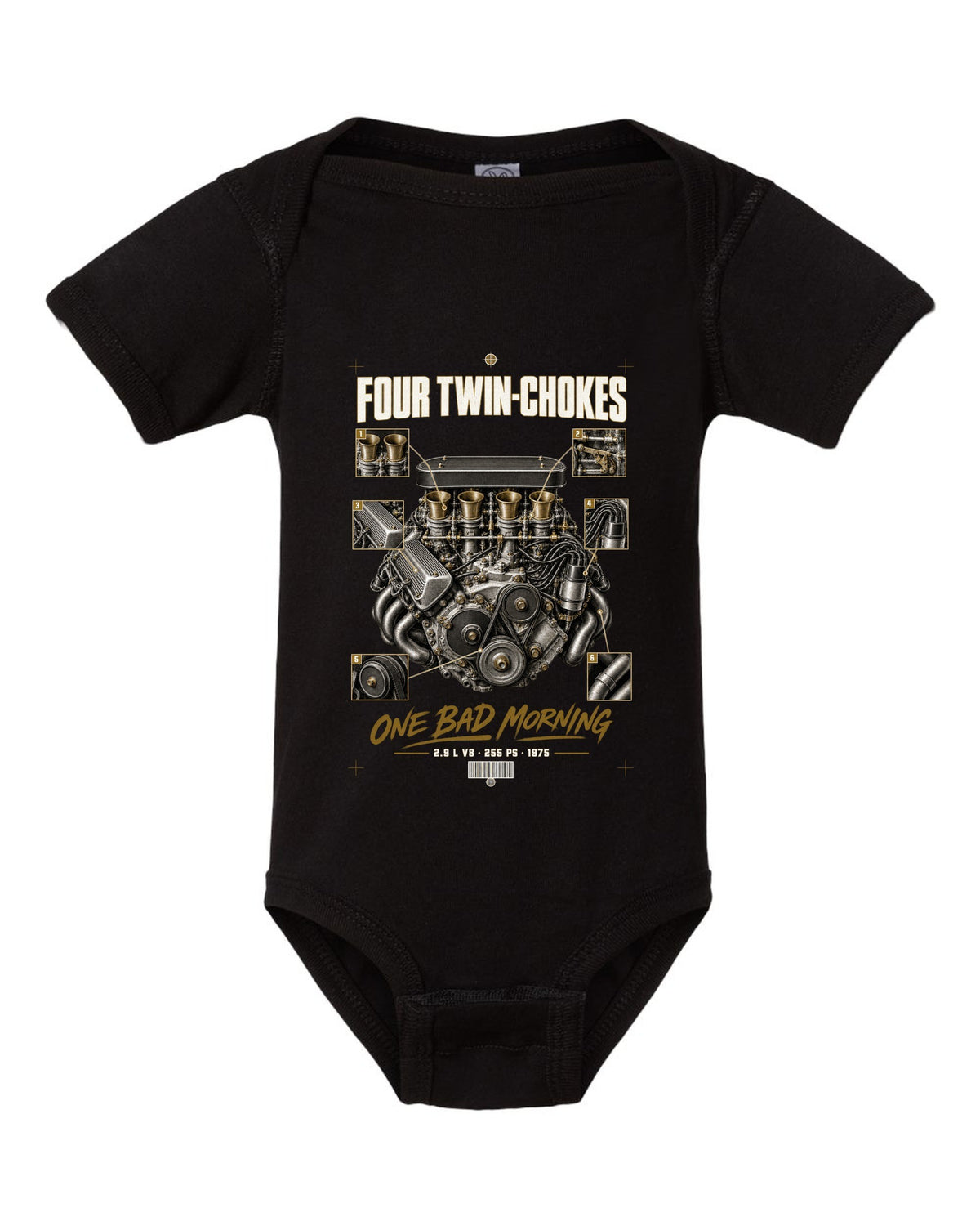 Ferrari 308 GTB 1975 engine print, four twin-choke carbs, 2.9 L V8, 255 PS black baby onesie front view with the design