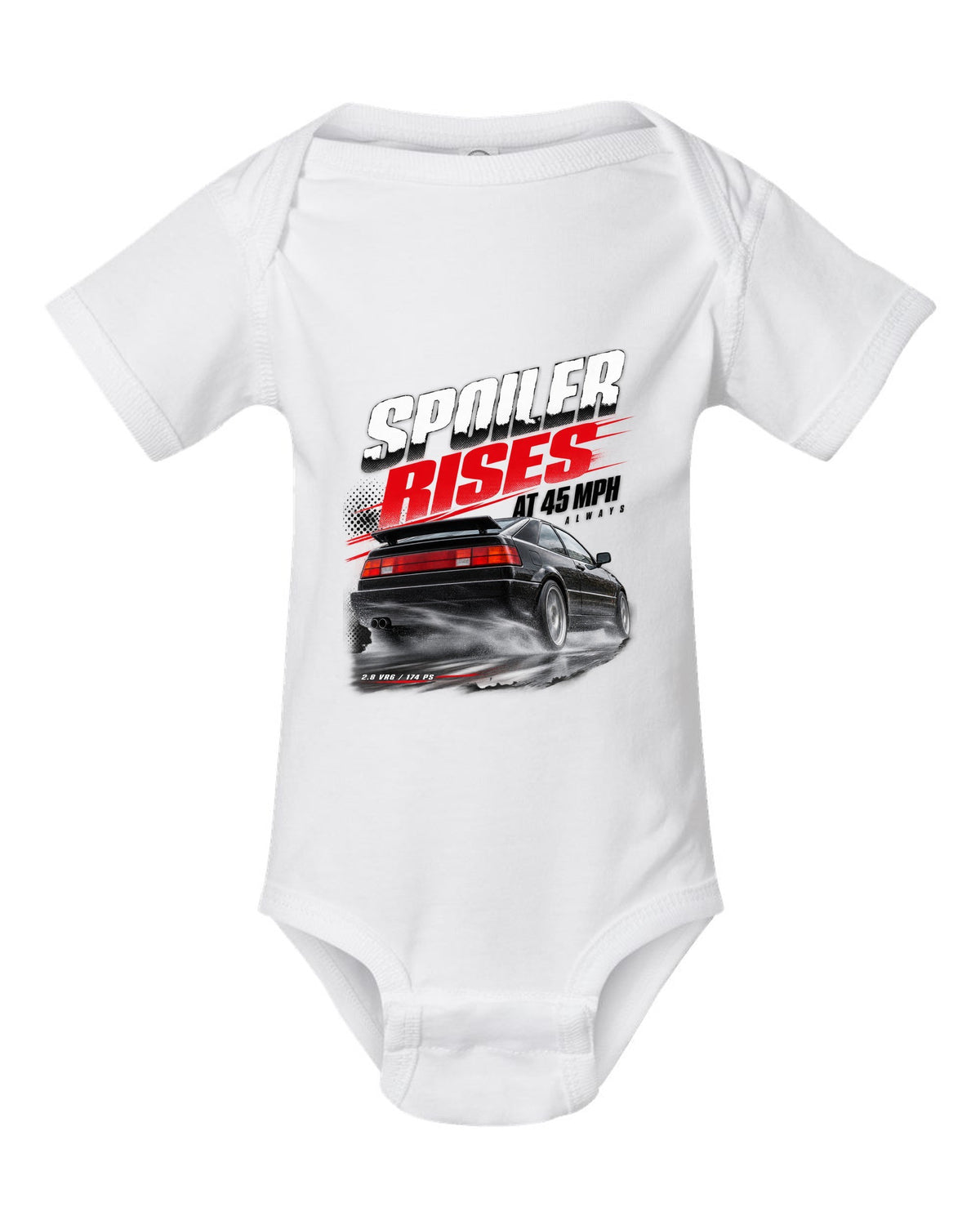 Race poster print of a VW Corrado VR6 rear three-quarter with spoiler rises at 45 mph text white baby onesie front view with the design