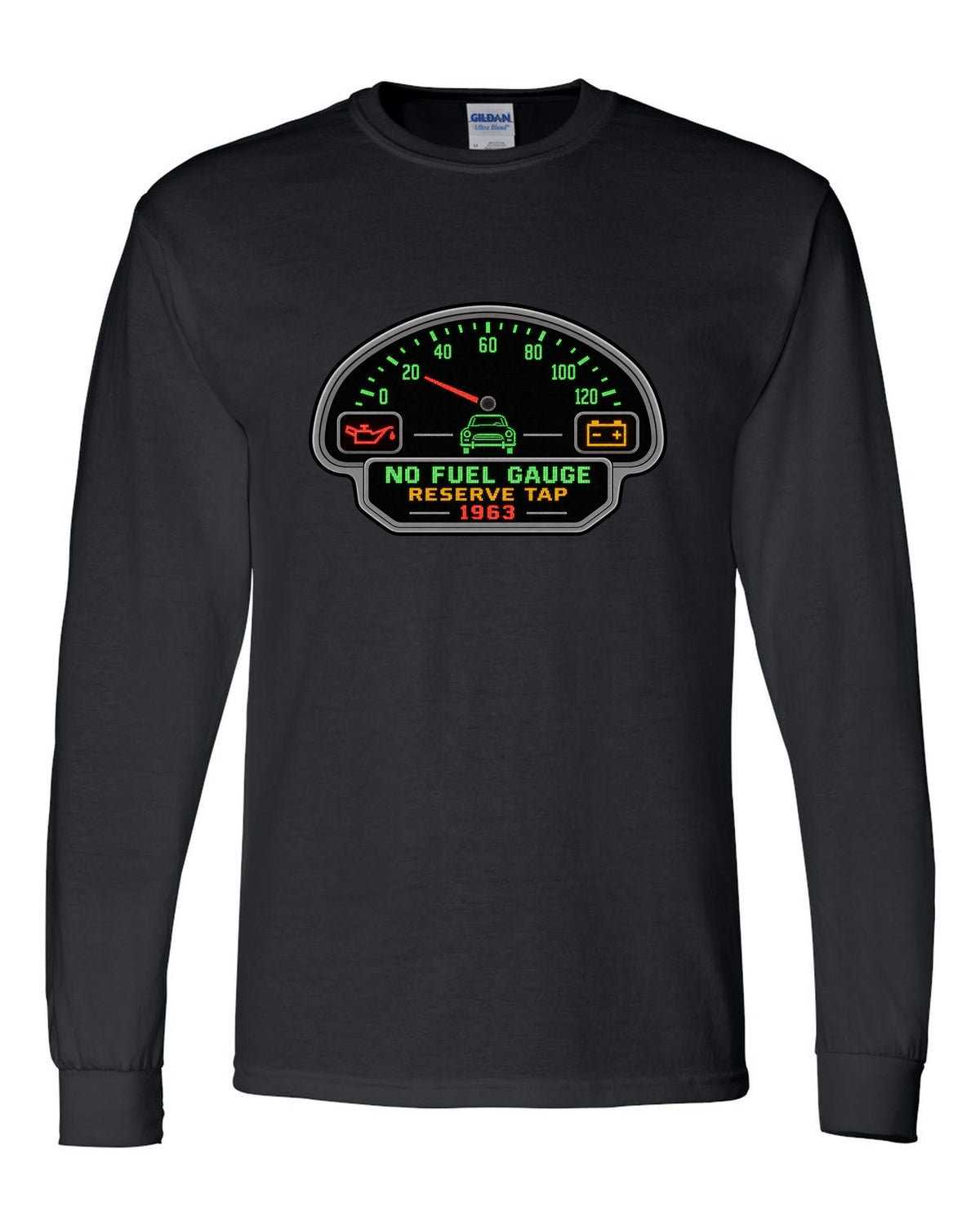 Pixel LED segmented display print of a 1963 VW Beetle Type 1 dashboard with fuel gauge joke black long sleeve front view with the design