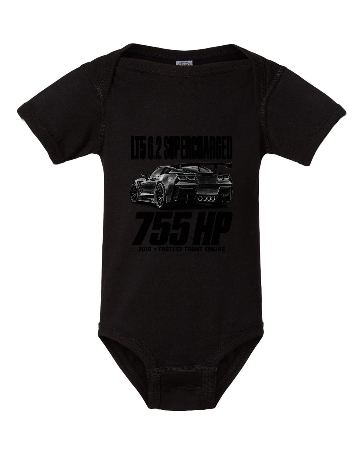 Corvette C7 ZR1 2019 halftone print with rear wing and vents black baby onesie front view with the design