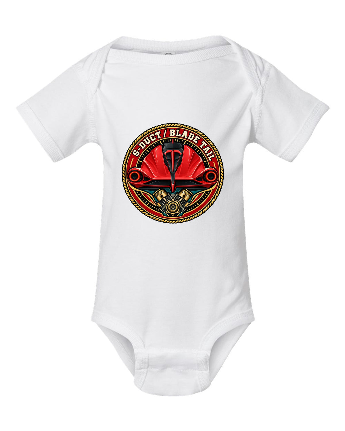 Round crest print for the Ferrari F8 Tributo with S-Duct and Blade Tail lettering white baby onesie front view with the design