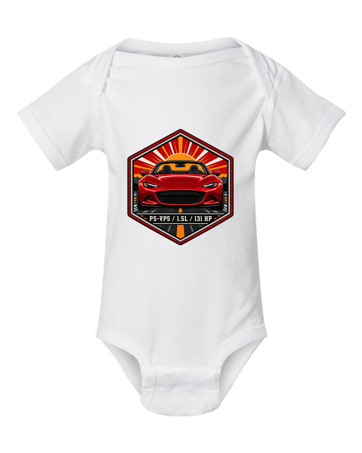 Embroidery-style hex crest of a Mazda MX-5 ND with P5-VPS 1.5L 131 HP text white baby onesie front view with the design
