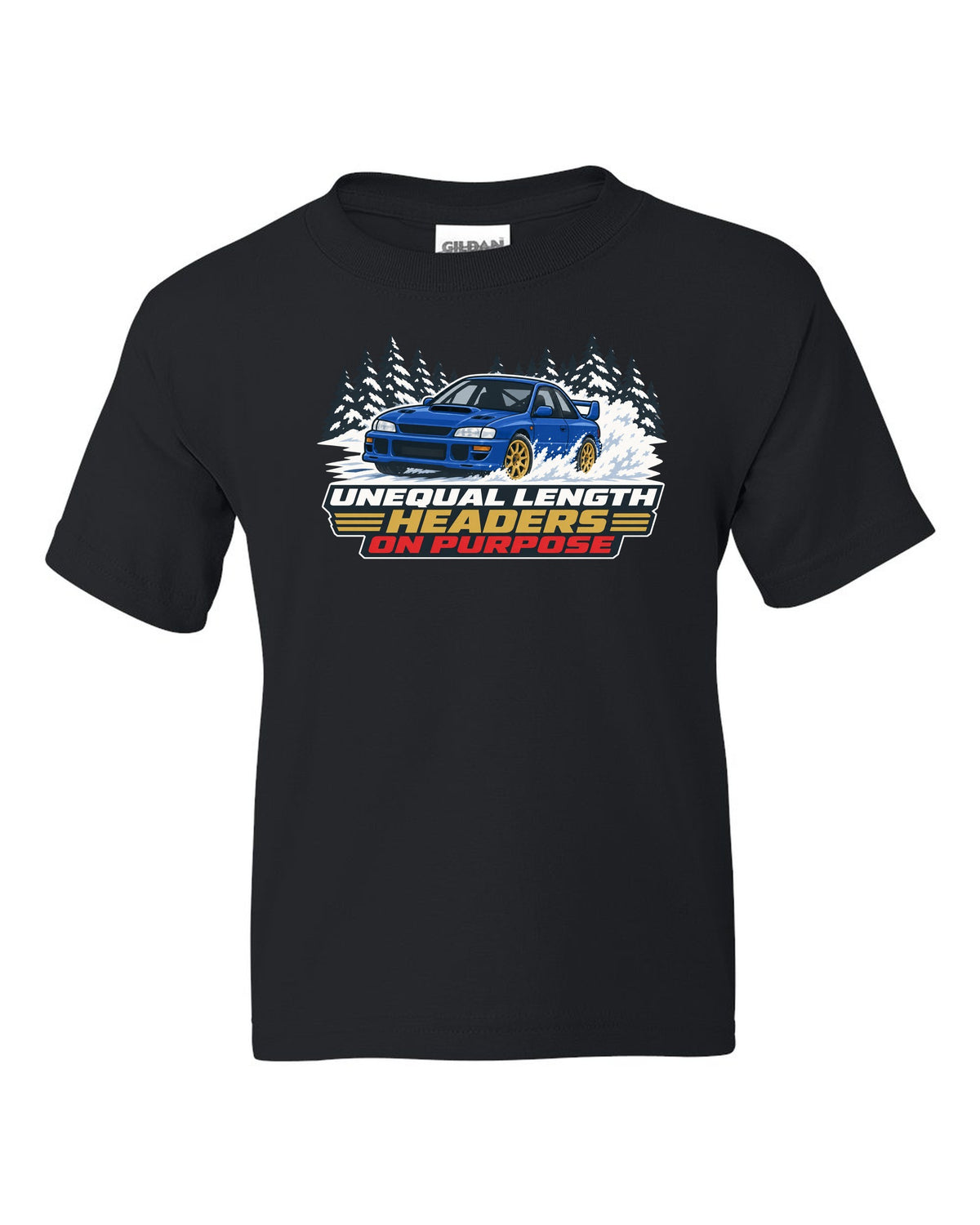 Flat vector print of a Subaru Impreza WRX STI GC8 with unequal length headers on purpose lettering black kids tee front view with the design