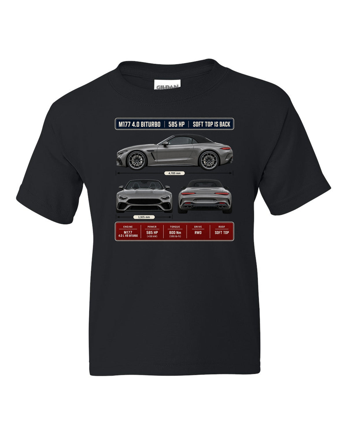 Mercedes-AMG SL63 R232 Three-View Spec black kids tee front view with the design