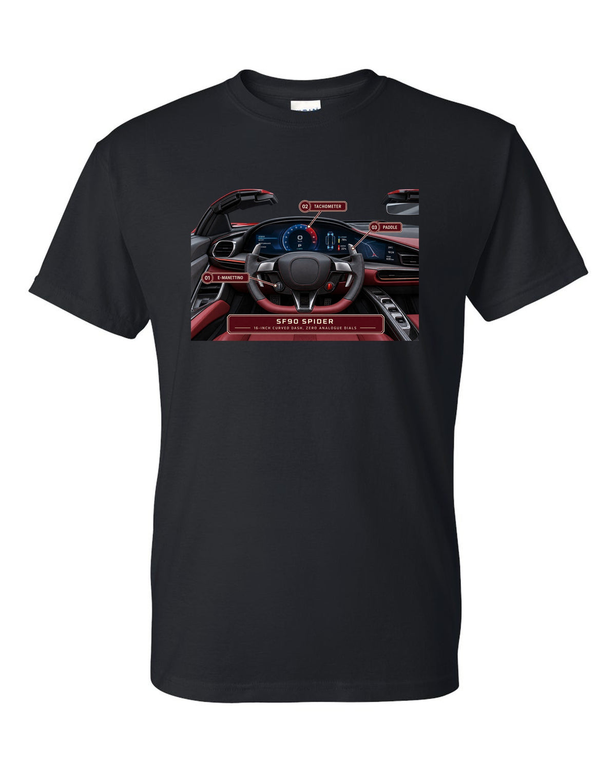 Ferrari SF90 Spider cockpit gauge print with 16-inch curved dash text black t-shirt front view with the design