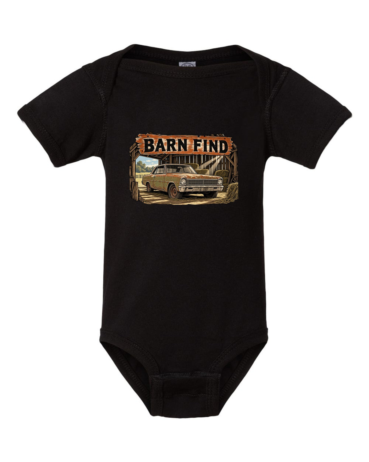 Retro manga halftone print of a 1966 Chevrolet Nova Chevy II with the text Barn Find black baby onesie front view with the design