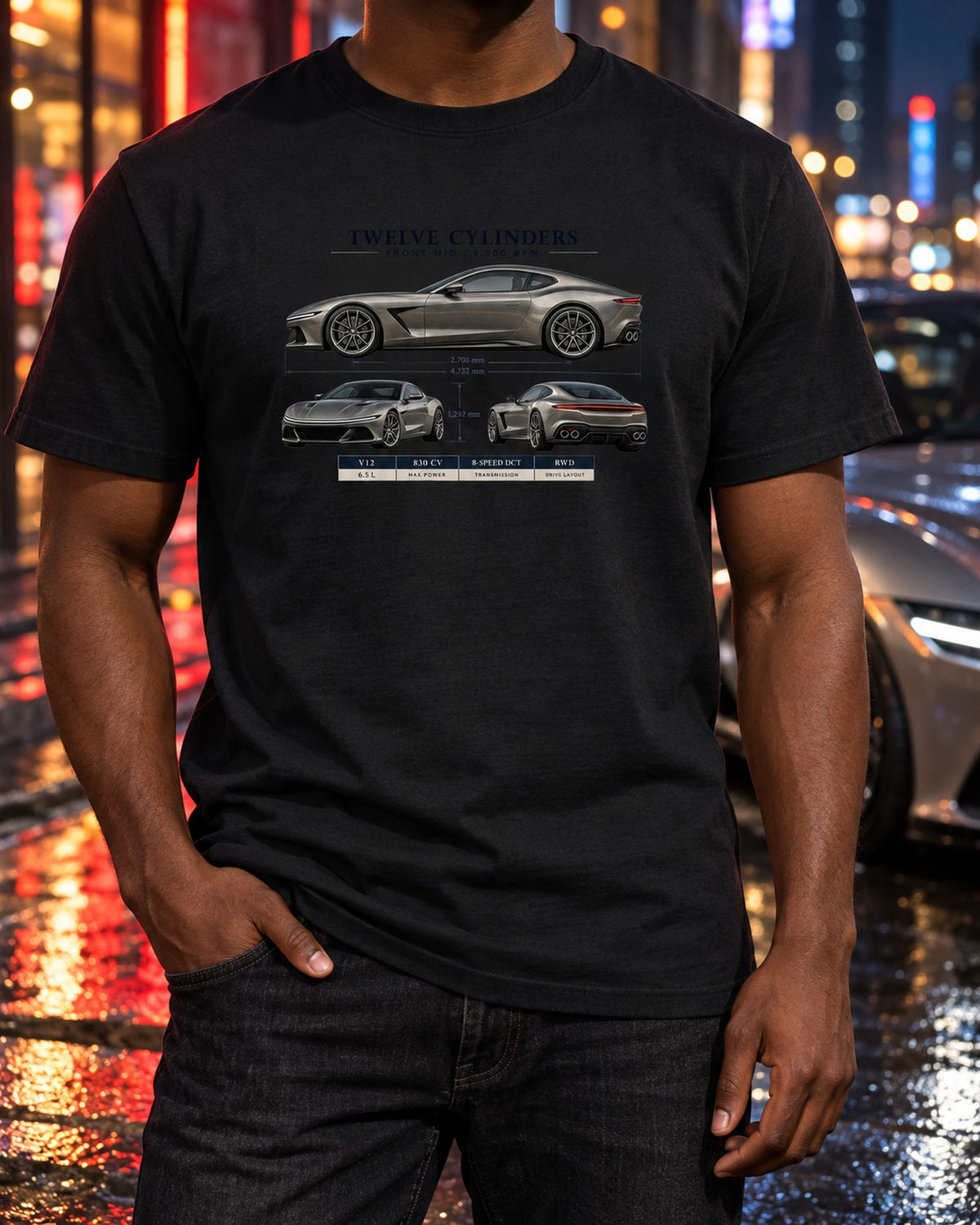 Ferrari 12Cilindri Three-View Spec Sheet Shirt, Car Guy Gift T-Shirt Black worn hero