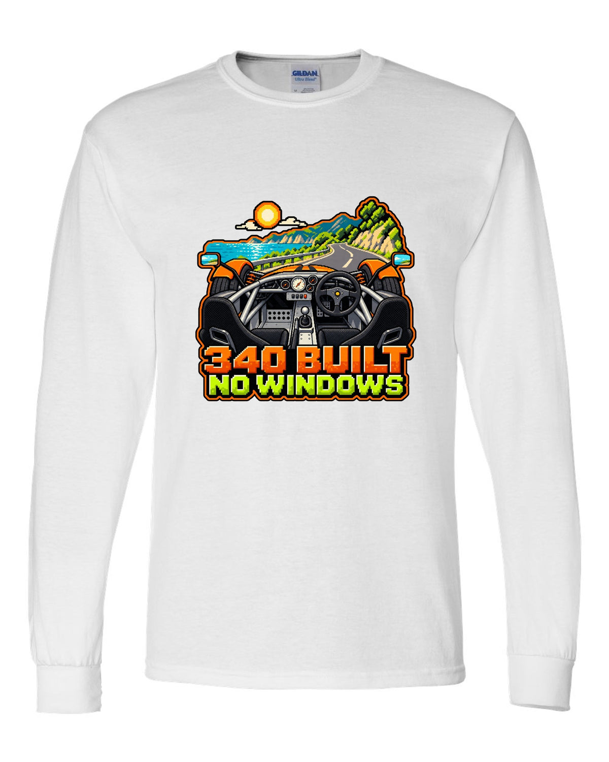 Lotus Elise 340R in 8/16-bit pixel art with 340 BUILT and NO WINDOWS lettering white long sleeve front view with the design