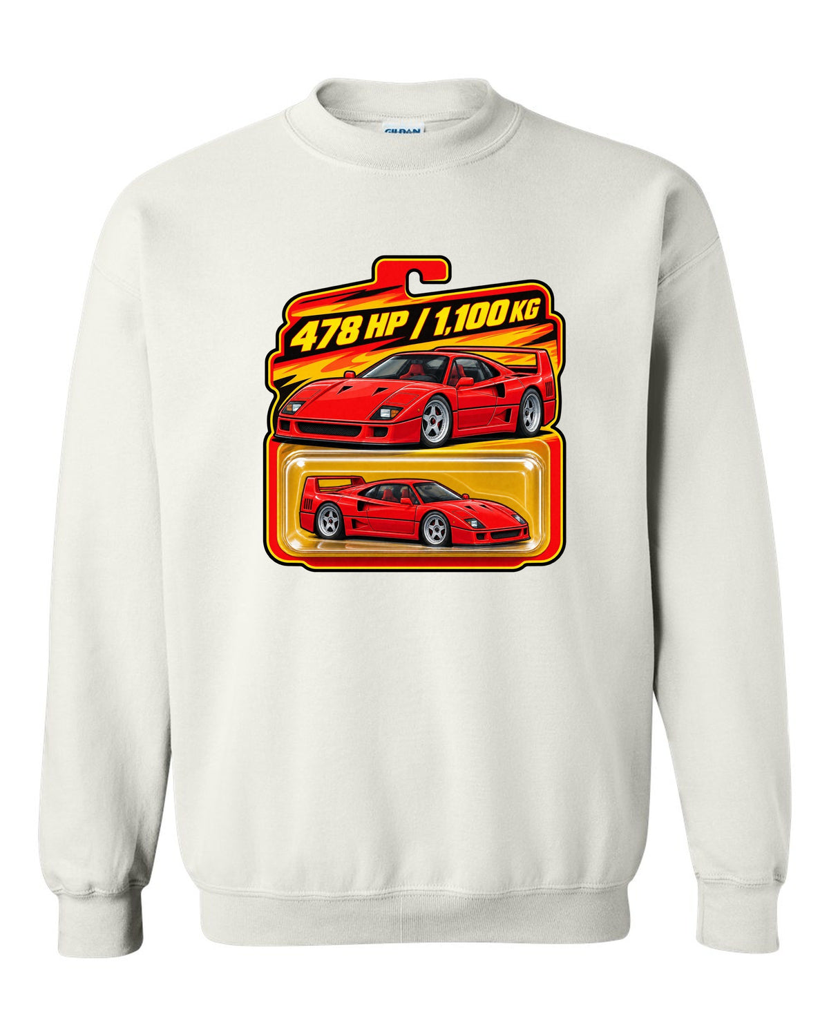 Toy blister-card print of a 1987 Ferrari F40 F120 with 478 HP and 1,100 KG text white crewneck front view with the design