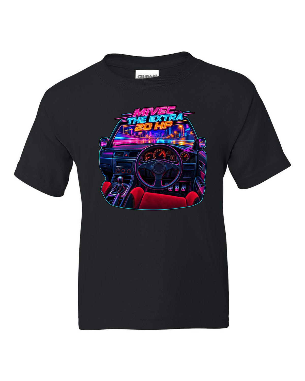 Neon cyberpunk gauge cluster cockpit of a Mitsubishi Lancer Evolution IX MR black kids tee front view with the design