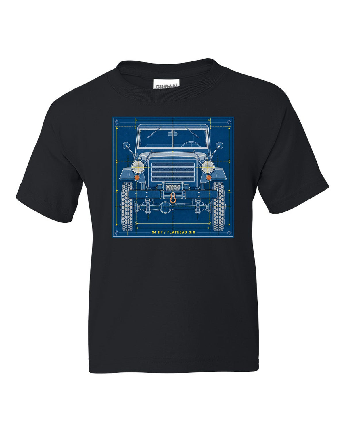 Cyanotype negative-style print of a Dodge Power Wagon WM300 grille with 94 HP flathead six text black kids tee front view with the design