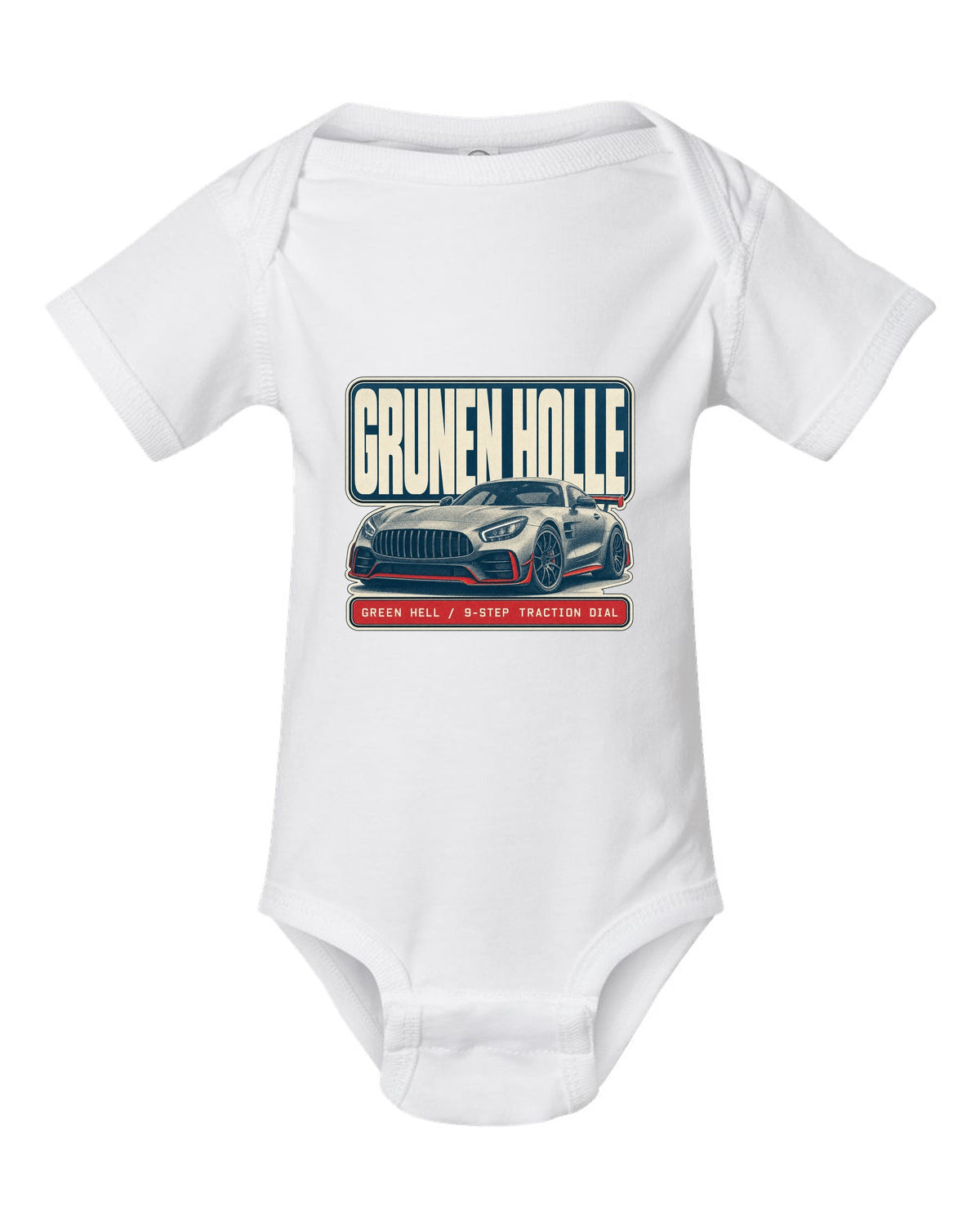 Mercedes-AMG GT R C190 halftone Green Hell print white baby onesie front view with the design