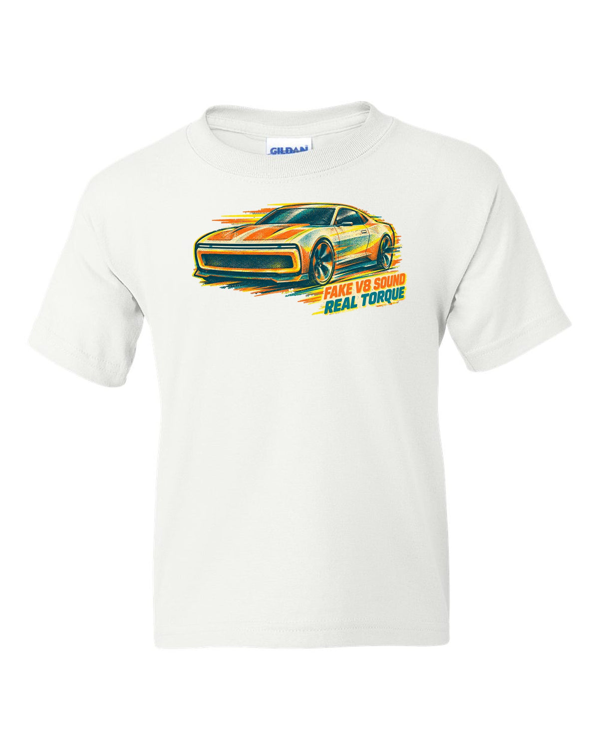 Risograph duotone illustration of a 2024 Dodge Charger Daytona EV white kids tee front view with the design