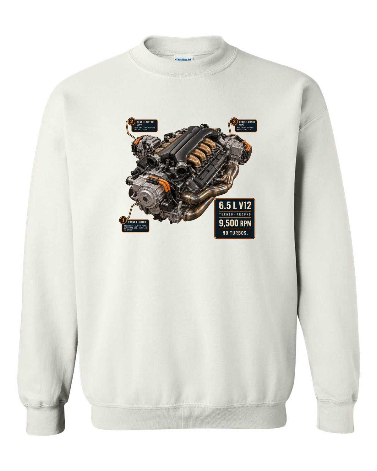 Engine hero print of the Lamborghini Revuelto L545 V12 white crewneck front view with the design