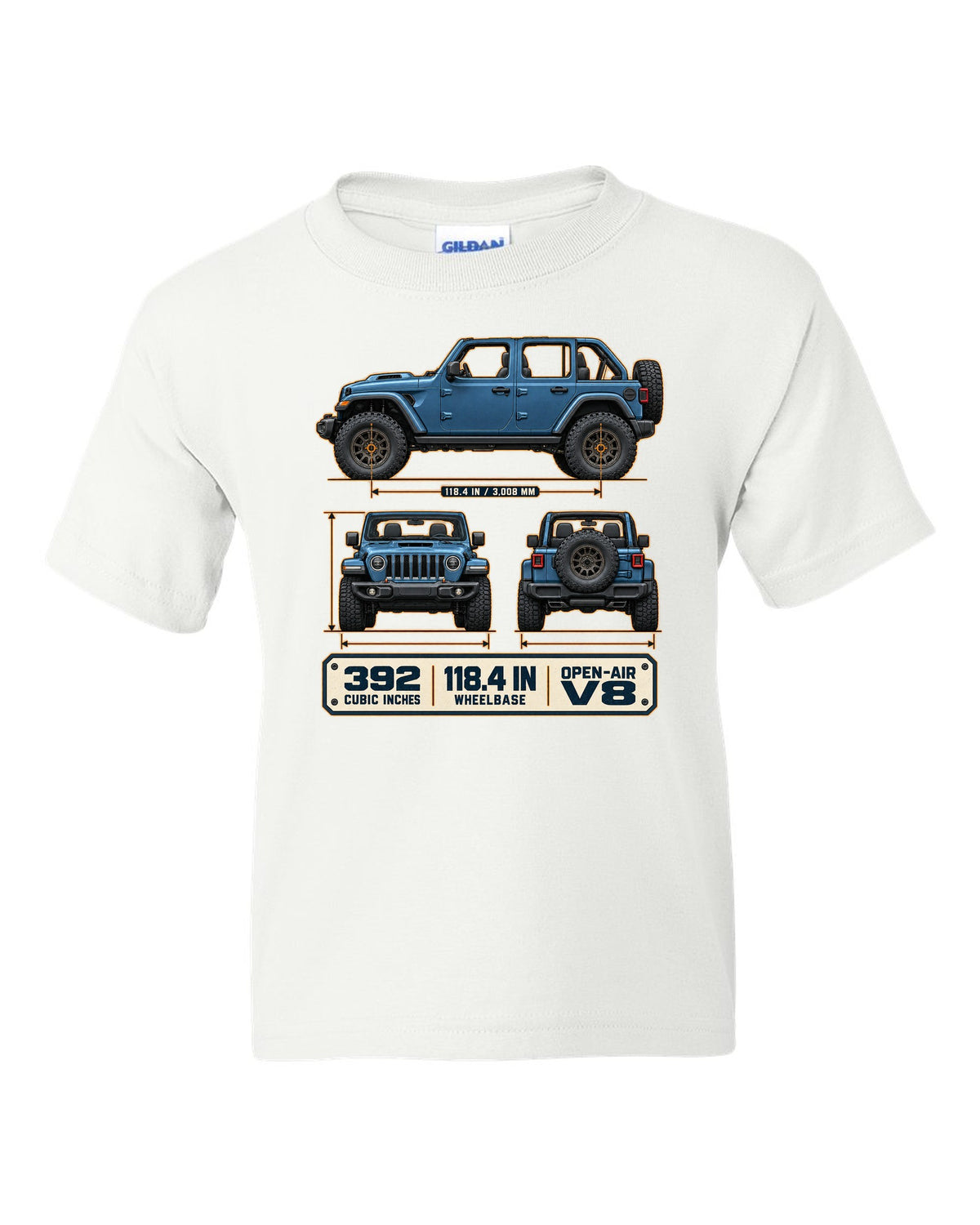 Dimension blueprint print of the Jeep Wrangler Rubicon 392 JL showing wheelbase and V8 white kids tee front view with the design