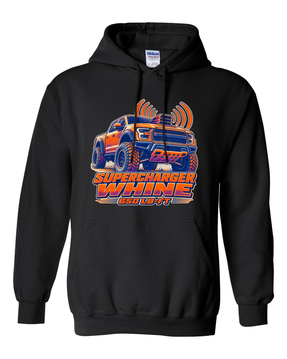 Halftone risograph print of a Ram 1500 TRX hood scoop with supercharger whine text black pull over hoodie front view with the design