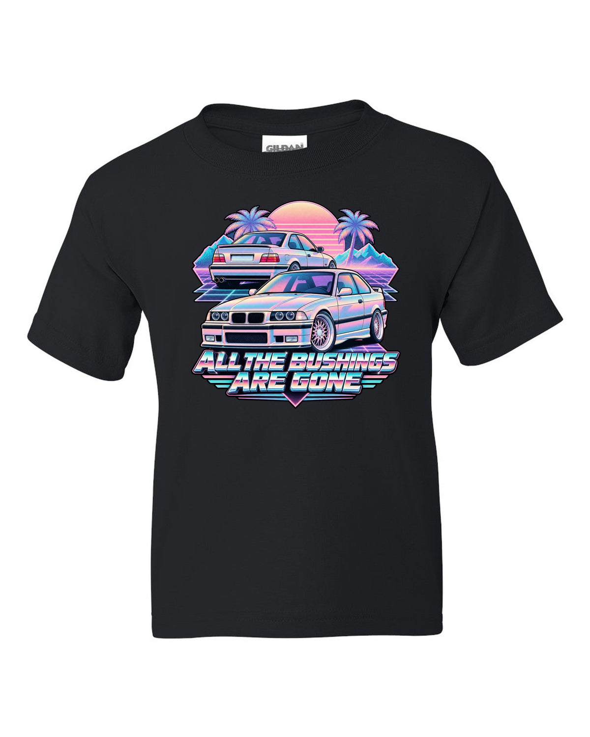 Vaporwave print of a BMW E36 M3 taillight with all the bushings are gone text black kids tee front view with the design