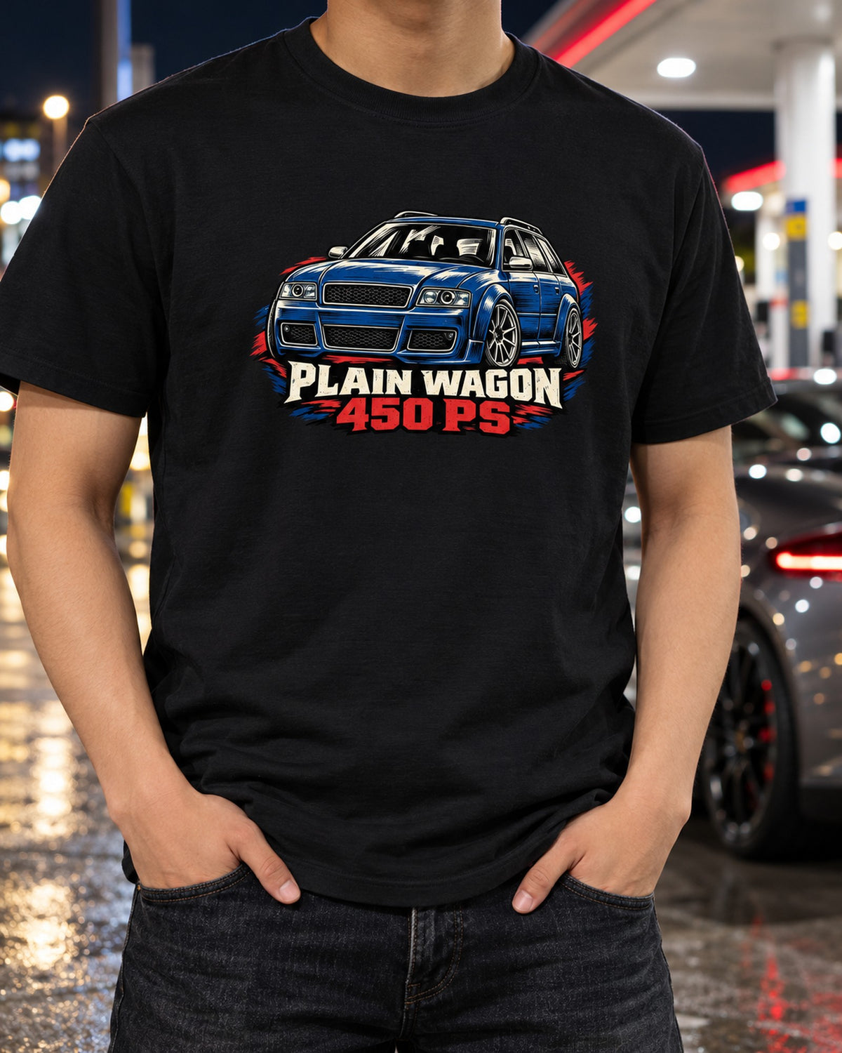 Audi RS6 Avant C5 4B Linocut Shirt, Flares On A Plain Wagon T-Shirt Black worn hero