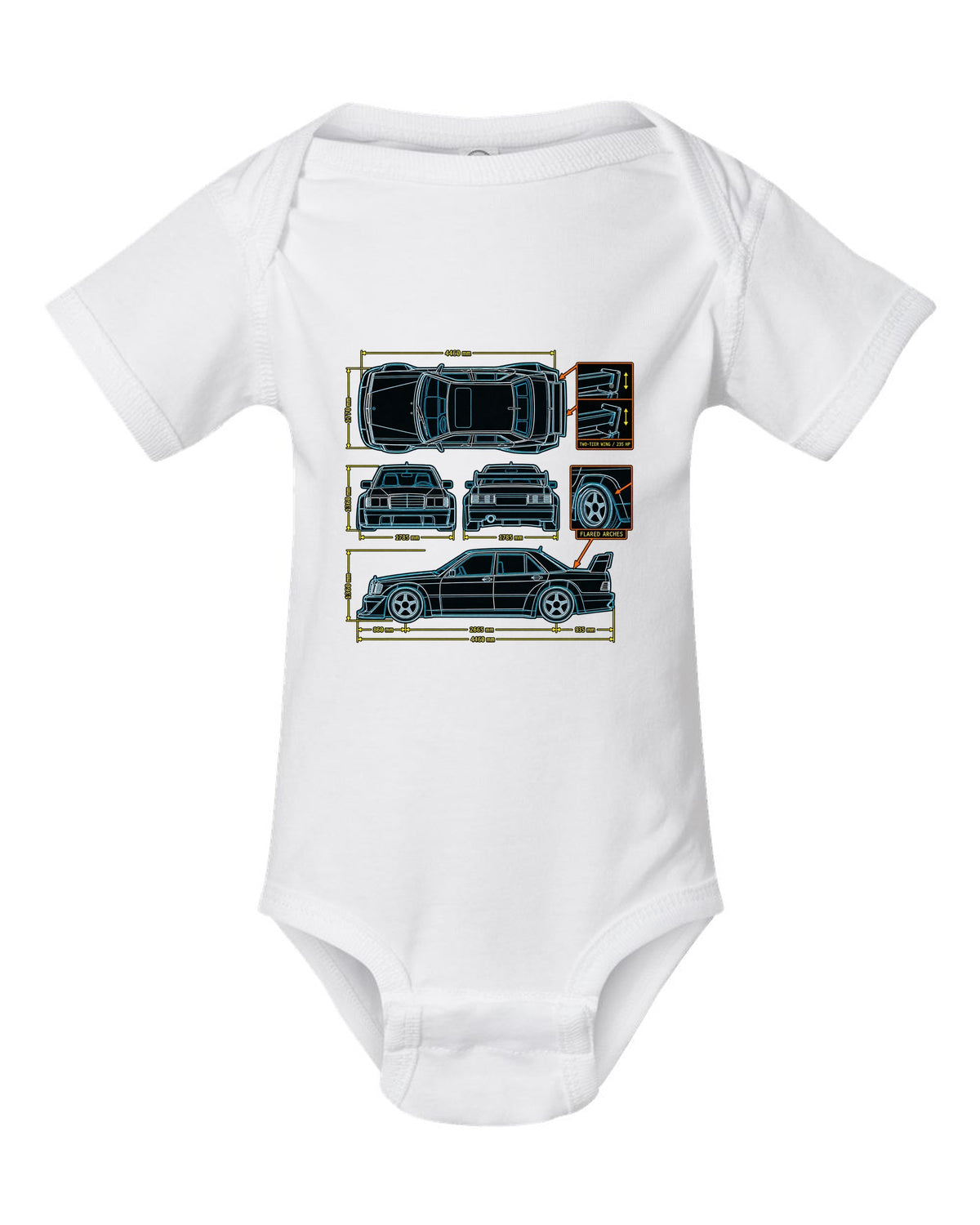 Technical blueprint top-down line art print of a Mercedes-Benz 190E Evo II W201 with two-tier wing white baby onesie front view with the design