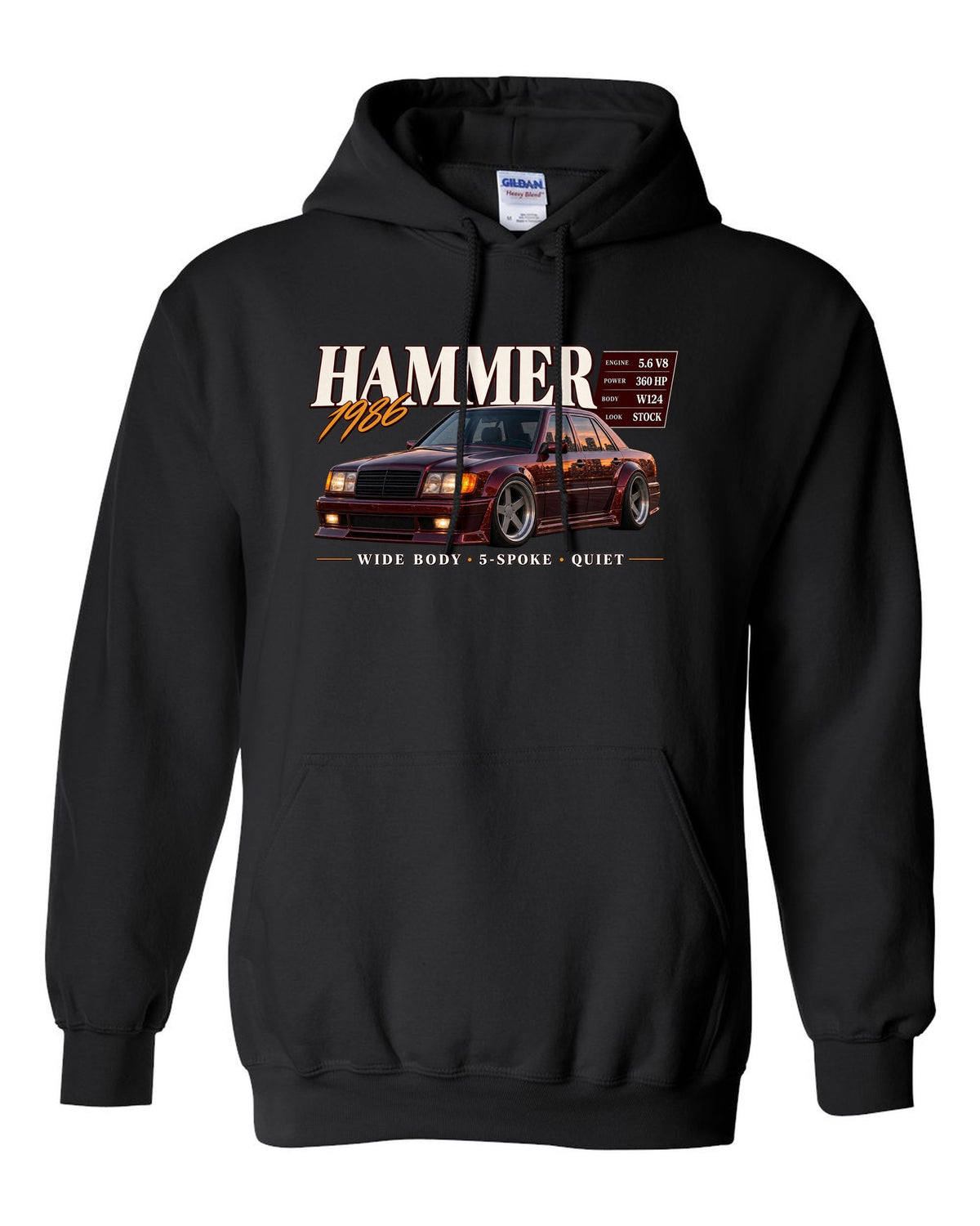 print archive panel of a Mercedes W124 300E 5.6 Hammer with text 5.6 V8 sleeper wide body black pull over hoodie front view with the design