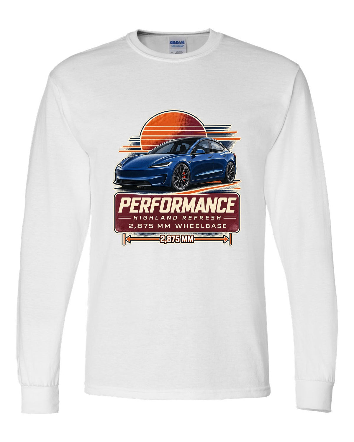 Spec poster print of a Tesla Model 3 Performance Highland refresh white long sleeve front view with the design