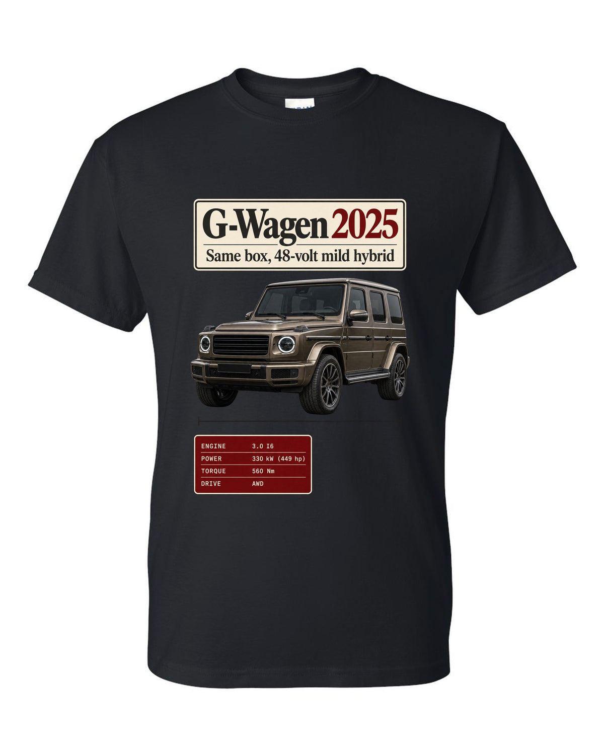 Archive panel print of a 2025 Mercedes-AMG G63 W463A facelift black t-shirt front view with the design