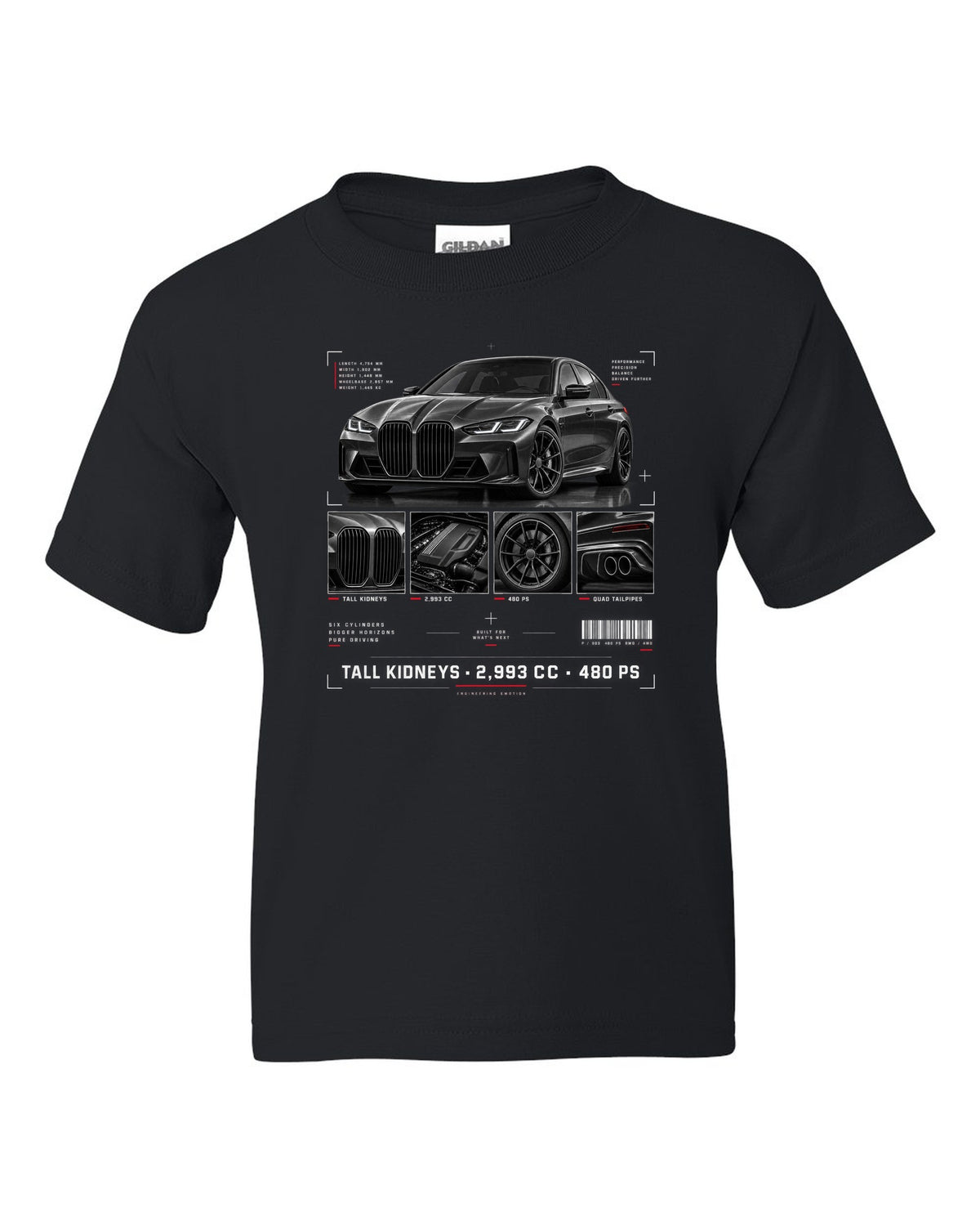BMW G80 M3 dossier panel print with tall kidneys 2,993 cc and 480 PS black kids tee front view with the design