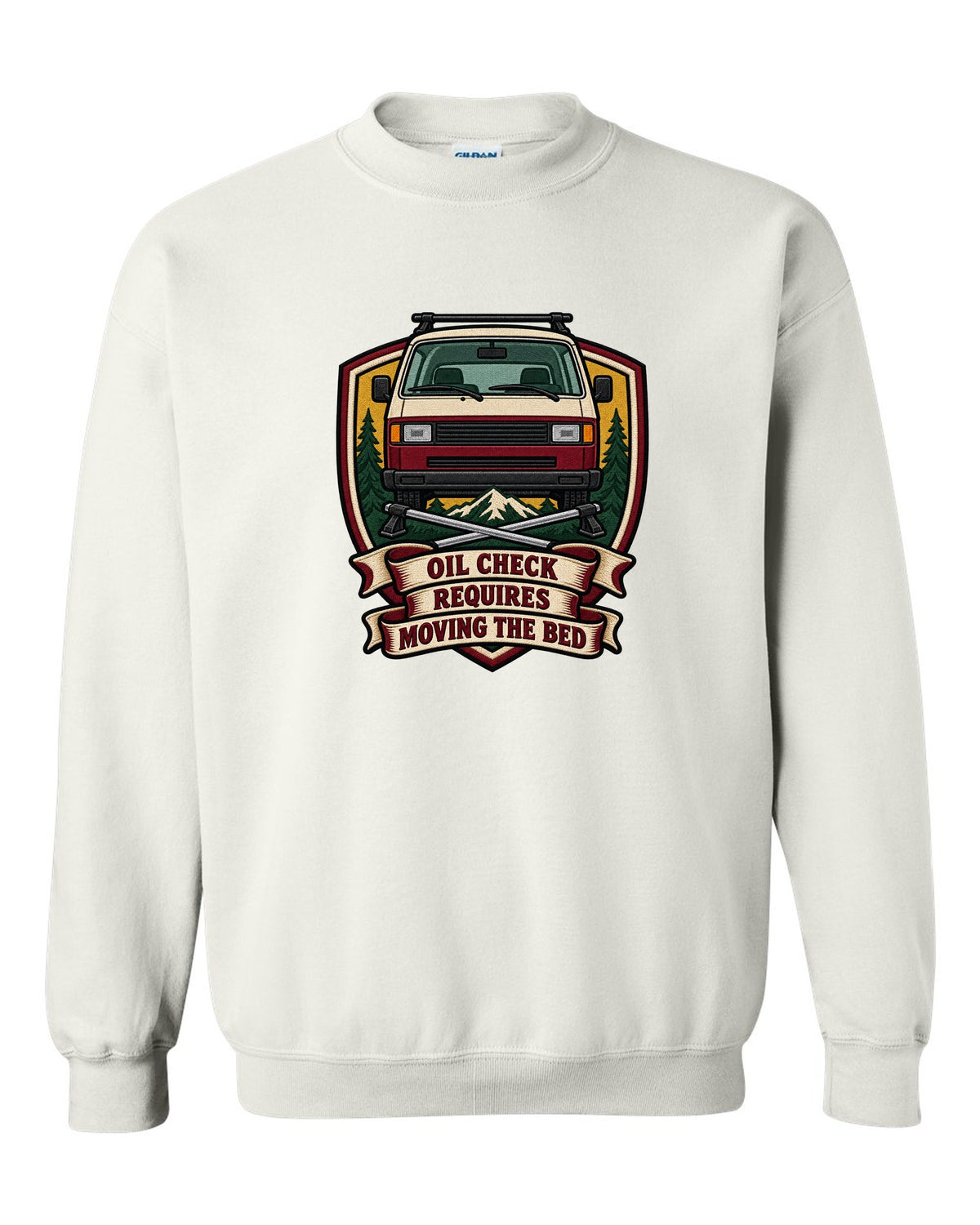 Varsity crest print for a VW T3 Vanagon with oil check requires moving the bed text white crewneck front view with the design