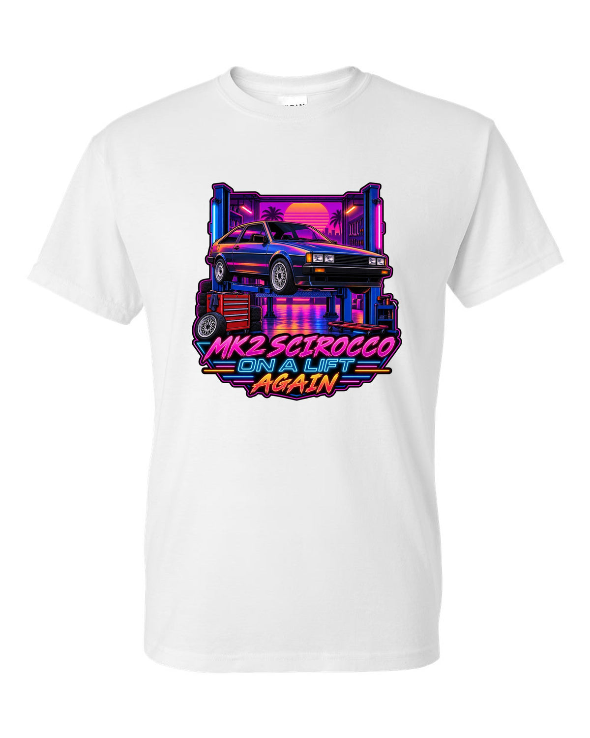 Synthwave outrun style VW Scirocco Mk2 with Mk2 Scirocco on a lift again text white t-shirt front view with the design