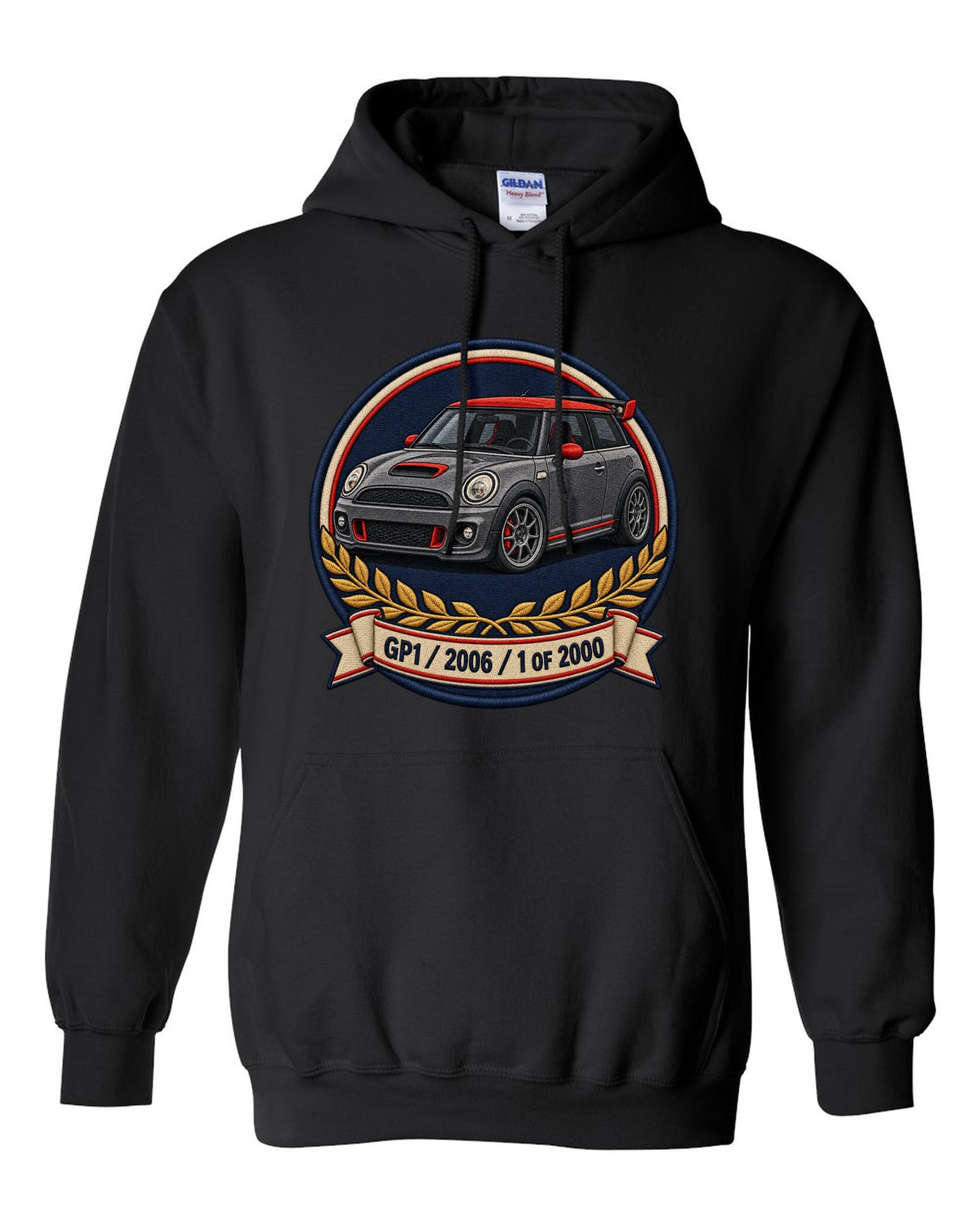 Varsity crest for the Mini Cooper GP1 2006, 1 of 2000 black pull over hoodie front view with the design