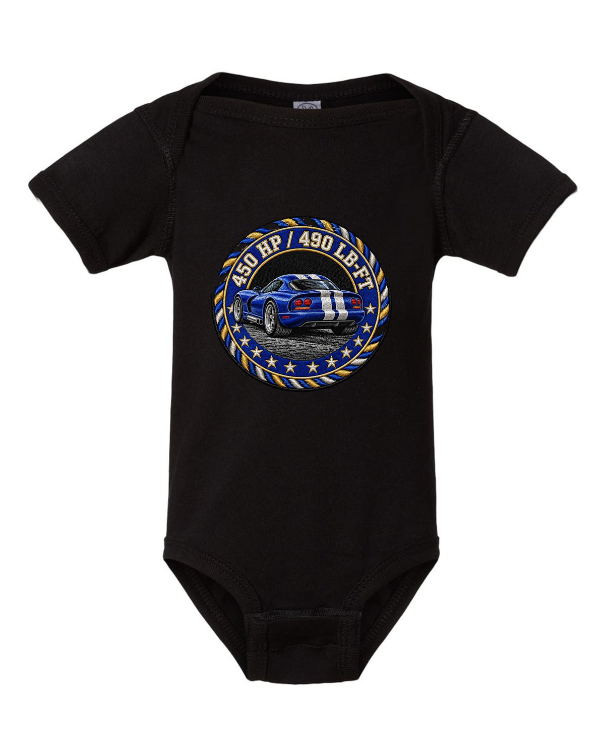 Blue embroidered varsity crest design for a 1996 Dodge Viper GTS SR II black baby onesie front view with the design