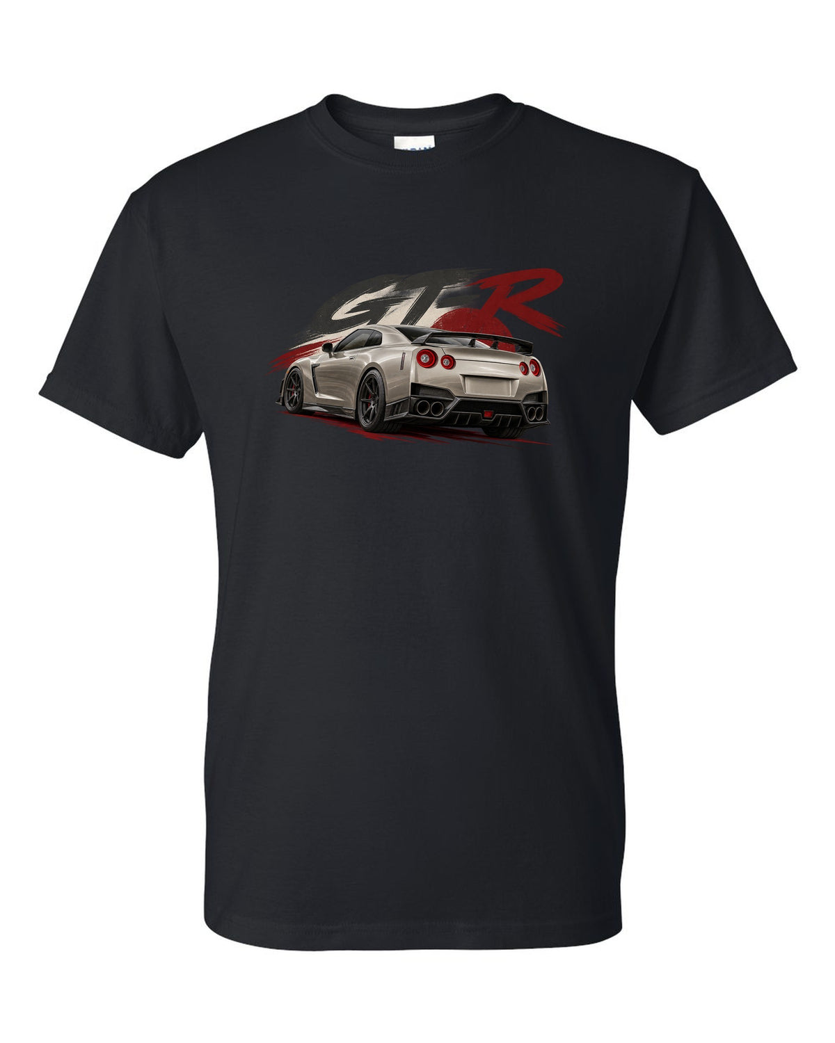 Nissan GT-R R35 VR38DETT engine drawn as a poster-style hero black t-shirt front view with the design